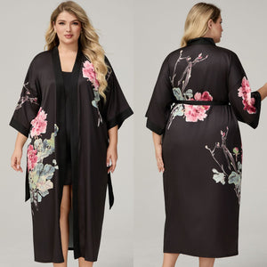 The Floral Luxe | Printed Satin Seven - Eighth Sleeve Robe & Slip Dress Two - Piece Set - Negative Apparel