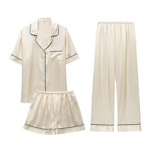 The French Breeze | Solid Color Short - Sleeve Satin Three - Piece Sleep Set - Negative Apparel
