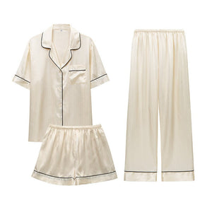 The French Breeze | Solid Color Short - Sleeve Satin Three - Piece Sleep Set - Negative Apparel