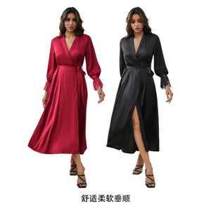 The French Lace | Solid Color Backless Satin Long - Sleeve Romper Sleepwear - Negative Apparel