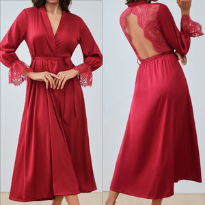 The French Lace | Solid Color Backless Satin Long - Sleeve Romper Sleepwear - Negative Apparel
