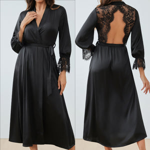 The French Lace | Solid Color Backless Satin Long - Sleeve Romper Sleepwear - Negative Apparel
