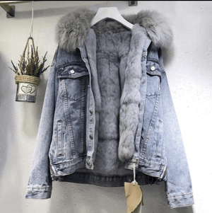 The Fur Accent Denim | Women's Big Fur Collar Loose Short Denim Jacket FD - Negative Apparel
