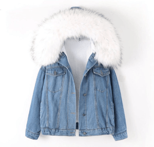 The Fur Accent Denim | Women's Big Fur Collar Loose Short Denim Jacket FD - Negative Apparel