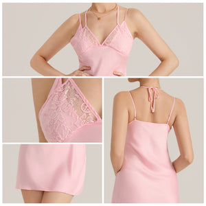 The Halter Seduction | Solid Color Lace Halter Tie - Strap Mini Satin Sleep Dress - Negative Apparel