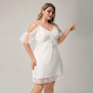 The Ice Silk Allure | White Lace Strap Mini Sleep Dress - Negative Apparel