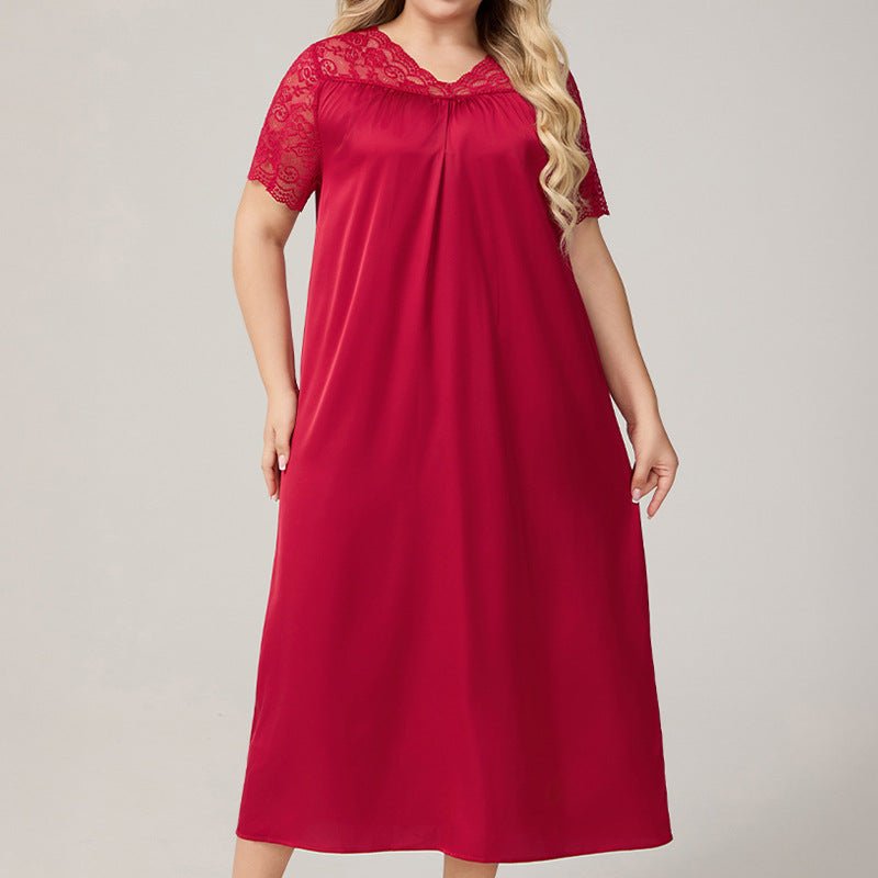 The Ice Silk Elegance | Solid Color V - Neck Short - Sleeve Maxi Sleep Dress - Negative Apparel