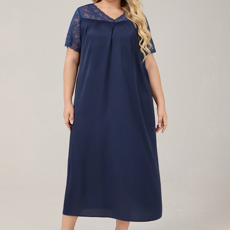 The Ice Silk Elegance | Solid Color V - Neck Short - Sleeve Maxi Sleep Dress - Negative Apparel