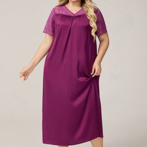 The Ice Silk Elegance | Solid Color V - Neck Short - Sleeve Maxi Sleep Dress - Negative Apparel