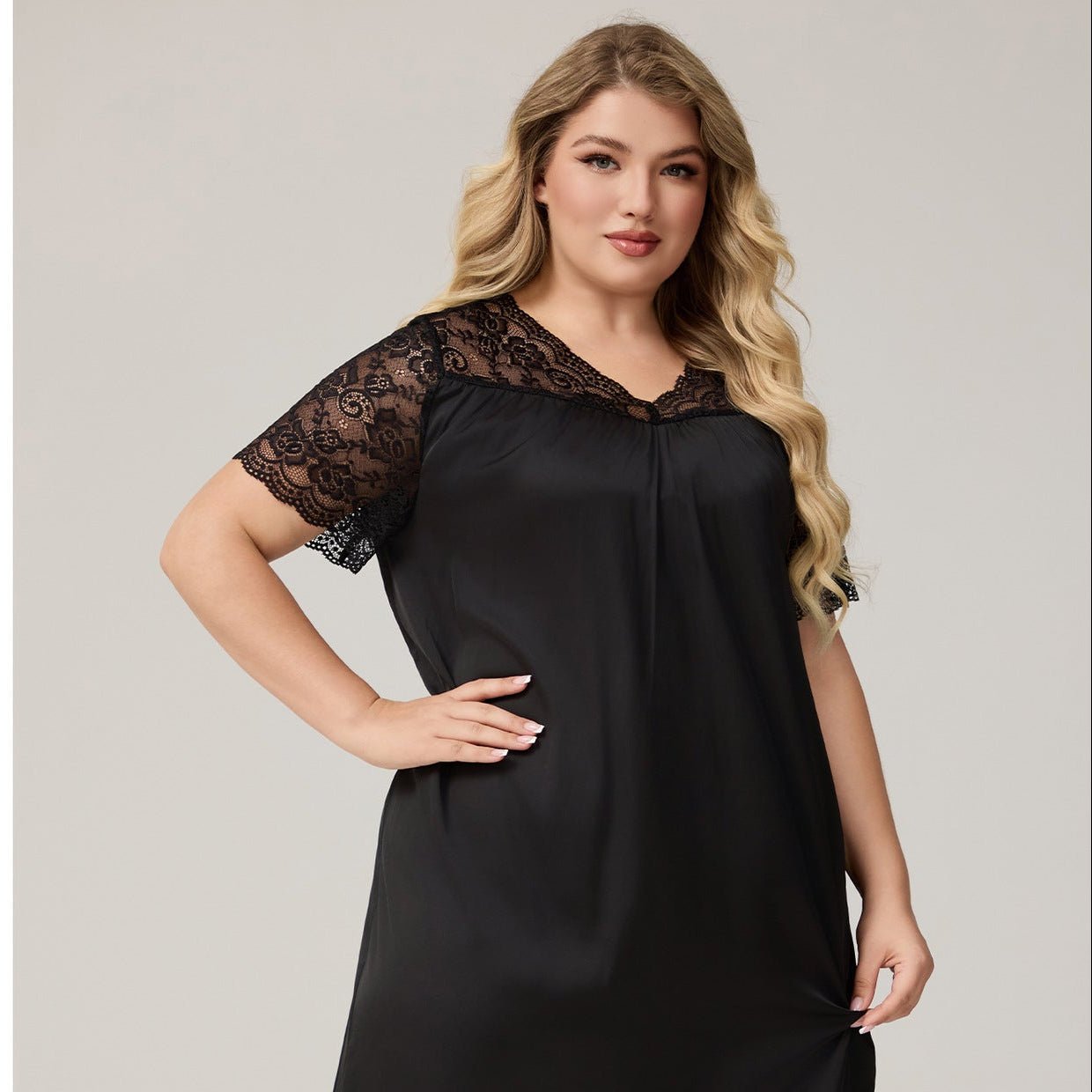 The Ice Silk Elegance | Solid Color V - Neck Short - Sleeve Maxi Sleep Dress - Negative Apparel