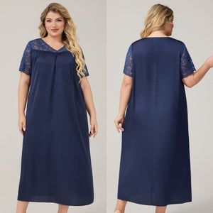 The Ice Silk Elegance | Solid Color V - Neck Short - Sleeve Maxi Sleep Dress - Negative Apparel