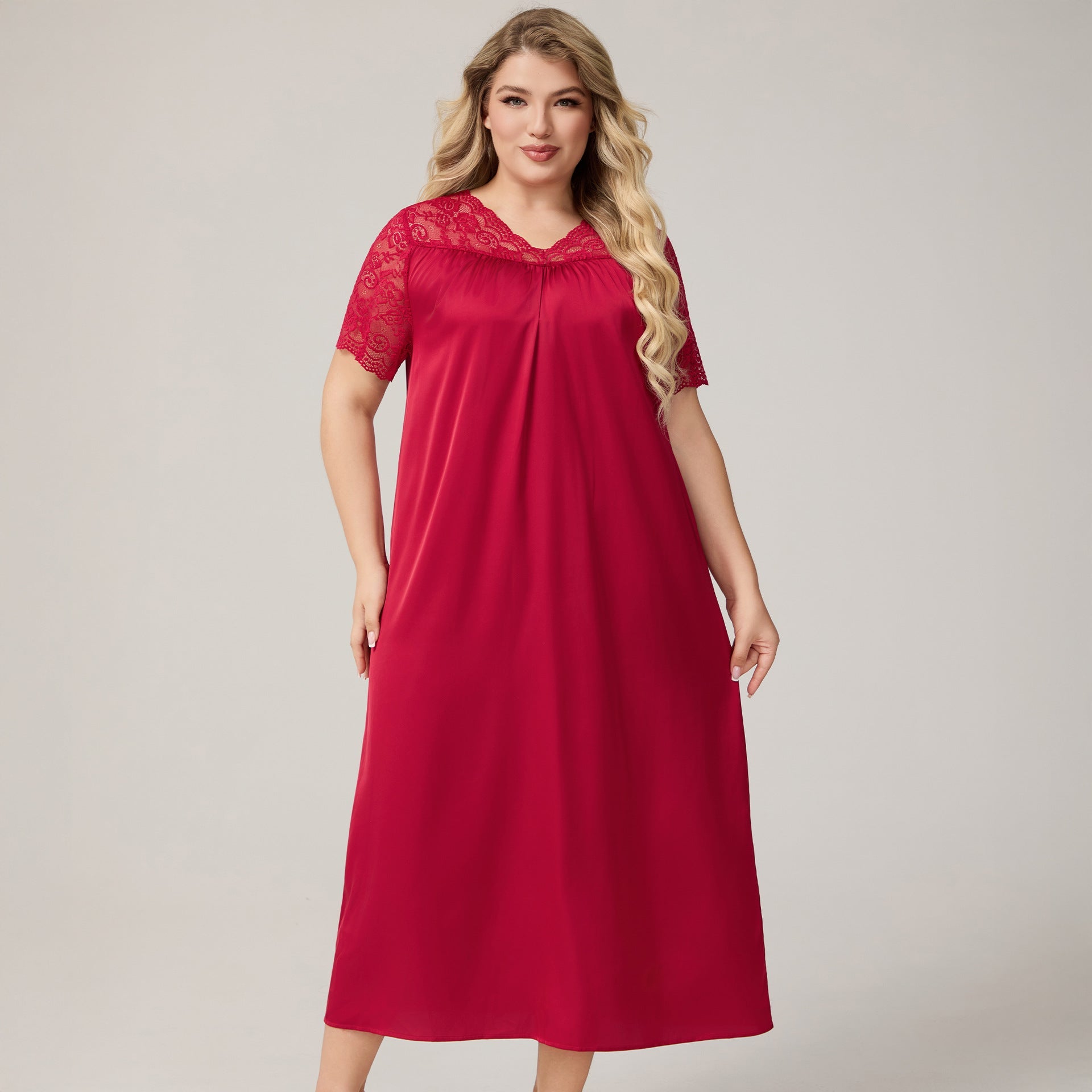 The Ice Silk Elegance | Solid Color V - Neck Short - Sleeve Maxi Sleep Dress - Negative Apparel