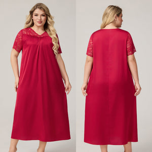 The Ice Silk Elegance | Solid Color V - Neck Short - Sleeve Maxi Sleep Dress - Negative Apparel