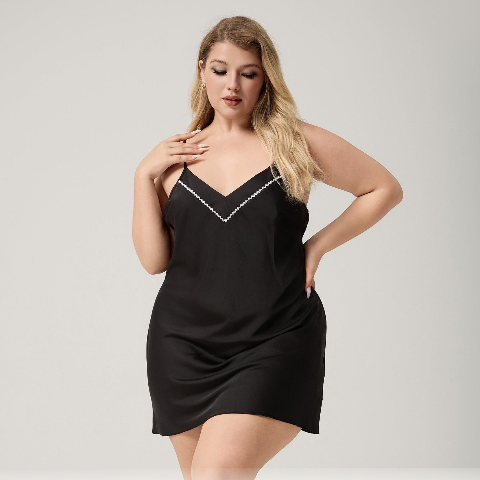 The Ice Silk Temptation | Black Strap V - Neck Mini Sleep Dress - Negative Apparel