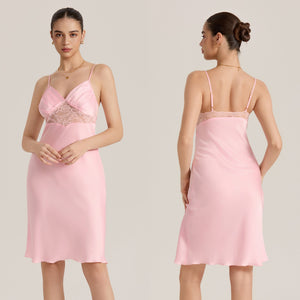 The Lace Allure | Solid Color Lace Patchwork Satin Midi Slip Sleep Dress - Negative Apparel