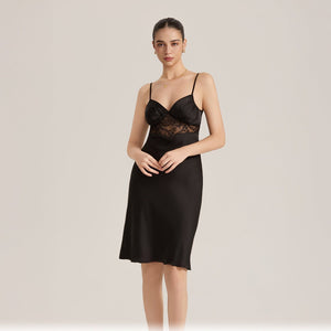 The Lace Allure | Solid Color Lace Patchwork Satin Midi Slip Sleep Dress - Negative Apparel