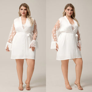 The Lace Elegance | White Satin Lace Short Robe - Negative Apparel