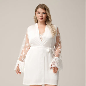 The Lace Elegance | White Satin Lace Short Robe - Negative Apparel
