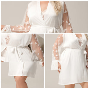 The Lace Elegance | White Satin Lace Short Robe - Negative Apparel