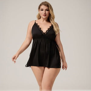 The Lace Seduction | Black Lace Satin Strap Mini Sleep Dress - Negative Apparel