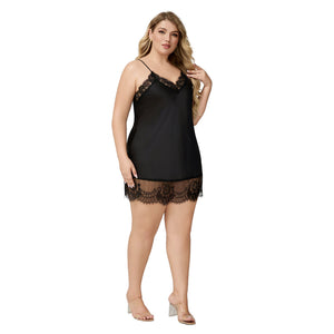 The Lace Seduction | Black Lace Satin Strap Mini Sleep Dress - Negative Apparel