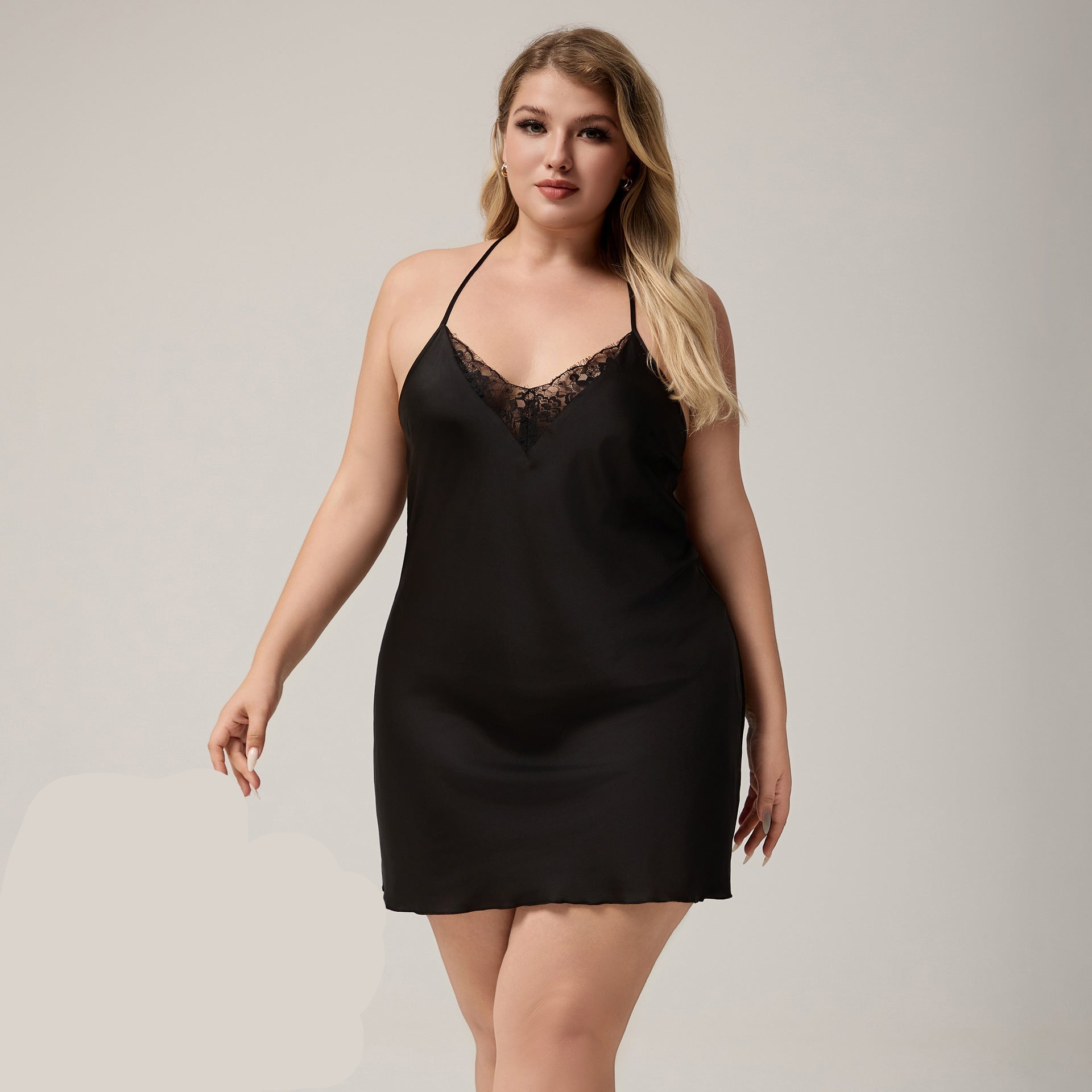 The Lace Seduction | Black Lace Satin Strap Mini Sleep Dress - Negative Apparel
