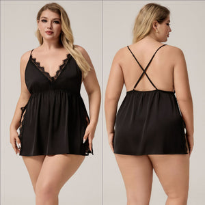 The Lace Seduction | Black Lace Satin Strap Mini Sleep Dress - Negative Apparel