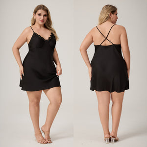 The Lace Seduction | Black Lace Satin Strap Mini Sleep Dress - Negative Apparel