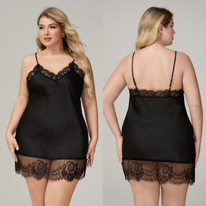The Lace Seduction | Black Lace Satin Strap Mini Sleep Dress - Negative Apparel
