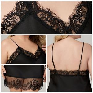 The Lace Seduction | Black Lace Satin Strap Mini Sleep Dress - Negative Apparel
