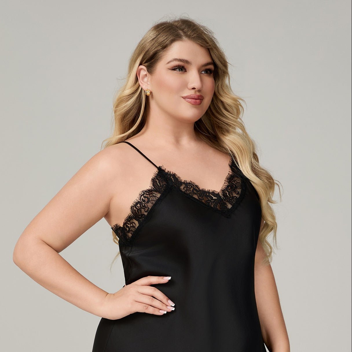 The Lace Seduction | Black Lace Satin Strap Mini Sleep Dress - Negative Apparel