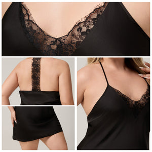 The Lace Seduction | Black Lace Satin Strap Mini Sleep Dress - Negative Apparel