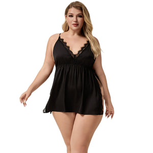 The Lace Seduction | Black Lace Satin Strap Mini Sleep Dress - Negative Apparel