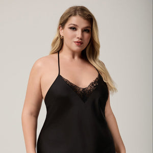The Lace Seduction | Black Lace Satin Strap Mini Sleep Dress - Negative Apparel