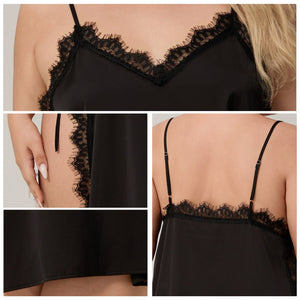 The Lace Seduction | Black Lace Satin Strap Mini Sleep Dress - Negative Apparel