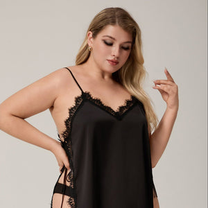 The Lace Seduction | Black Lace Satin Strap Mini Sleep Dress - Negative Apparel