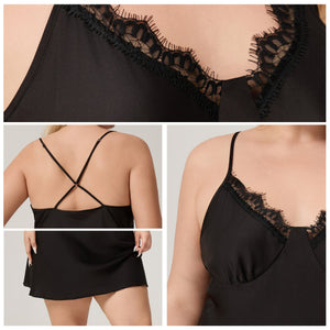 The Lace Seduction | Black Lace Satin Strap Mini Sleep Dress - Negative Apparel