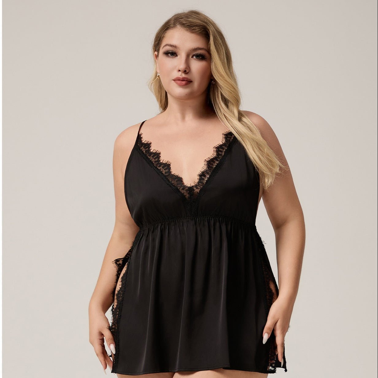 The Lace Seduction | Black Lace Satin Strap Mini Sleep Dress - Negative Apparel