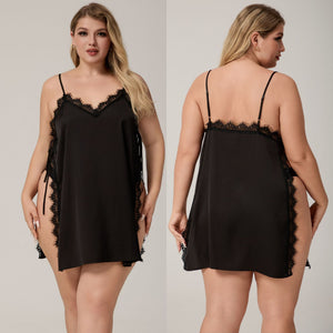 The Lace Seduction | Black Lace Satin Strap Mini Sleep Dress - Negative Apparel