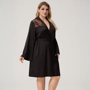 The Lace Seduction | Black Satin Lace Short Robe - Negative Apparel