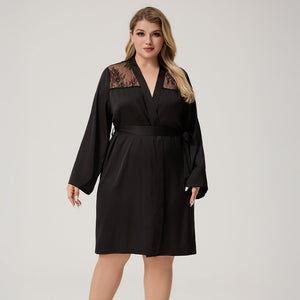 The Lace Seduction | Black Satin Lace Short Robe - Negative Apparel