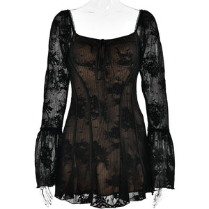 The Lace Spice | Women's Lace Flared Sleeve Backless Hip Mini Dress - Negative Apparel