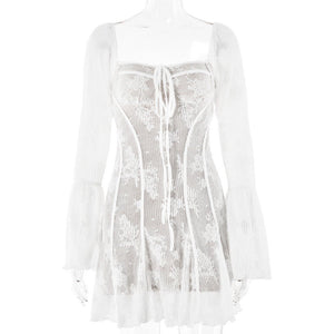 The Lace Spice | Women's Lace Flared Sleeve Backless Hip Mini Dress - Negative Apparel