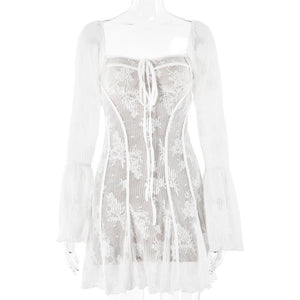 The Lace Spice | Women's Lace Flared Sleeve Backless Hip Mini Dress - Negative Apparel