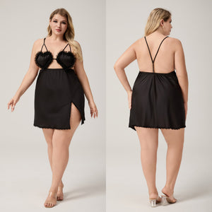 The Lace Temptation | Black Lace Satin Strap Mini Sleep Dress - Negative Apparel