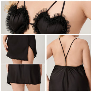 The Lace Temptation | Black Lace Satin Strap Mini Sleep Dress - Negative Apparel