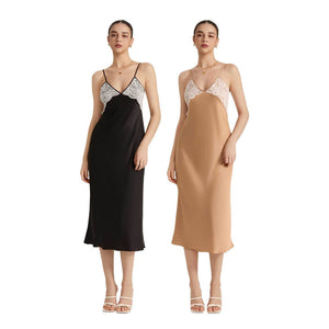 The Lace Temptation | Solid Color Lace Patchwork Backless Satin Maxi Slip Sleep Dress - Negative Apparel