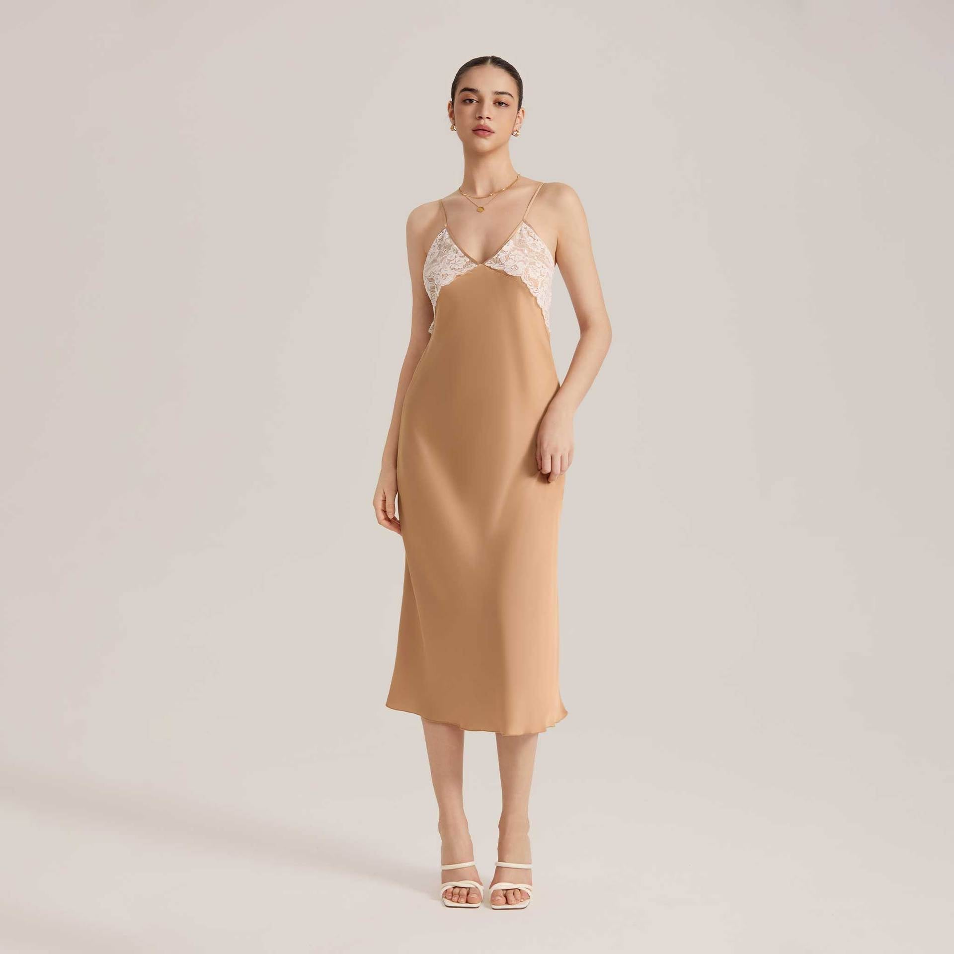 The Lace Temptation | Solid Color Lace Patchwork Backless Satin Maxi Slip Sleep Dress - Negative Apparel