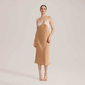 The Lace Temptation | Solid Color Lace Patchwork Backless Satin Maxi Slip Sleep Dress - Negative Apparel