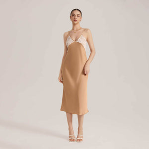 The Lace Temptation | Solid Color Lace Patchwork Backless Satin Maxi Slip Sleep Dress - Negative Apparel